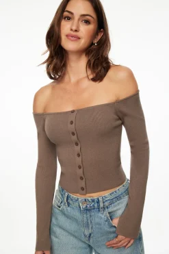 Sweaters & Cardigans | Sweaters-Dynamite Alice Off Shoulder Cardigan Brown