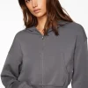 Long Sleeve Tops-Dynamite Anywear Scuba Cropped Zip Up Hoodie Gray