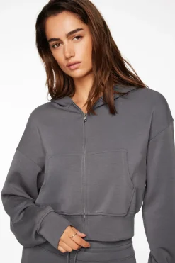 Long Sleeve Tops-Dynamite Anywear Scuba Cropped Zip Up Hoodie Gray