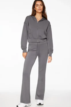 Long Sleeve Tops-Dynamite Anywear Scuba Cropped Zip Up Hoodie Gray