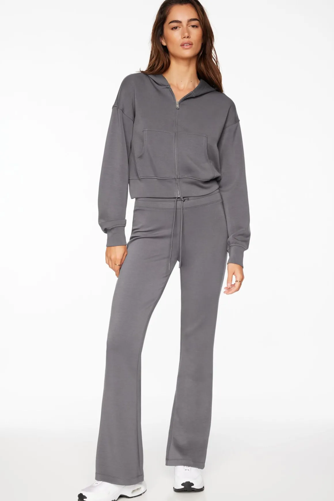 Long Sleeve Tops-Dynamite Anywear Scuba Cropped Zip Up Hoodie Gray
