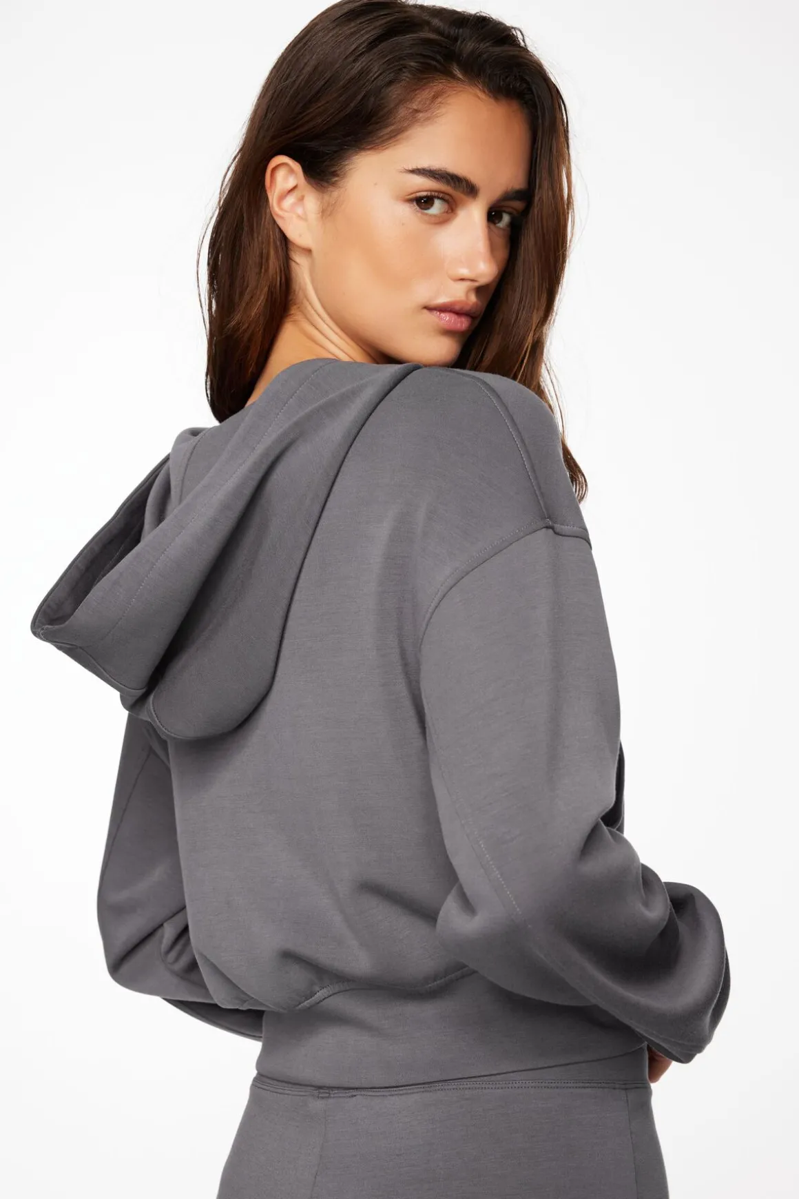 Long Sleeve Tops-Dynamite Anywear Scuba Cropped Zip Up Hoodie Gray