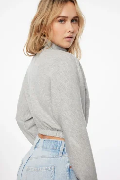 Long Sleeve Tops-Dynamite Anywear Scuba Funnel Neck Sweatshirt Gray