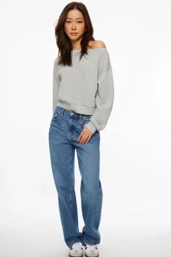 Sweaters & Cardigans | Long Sleeve Tops-Dynamite Anywear Scuba Off Shoulder Sweatshirt Gray