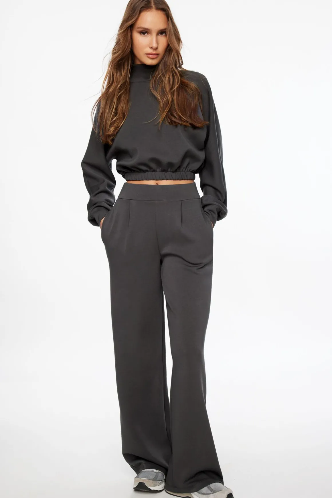 Pants | Wide Leg Pants-Dynamite Anywear Scuba Pleated Pants Gray