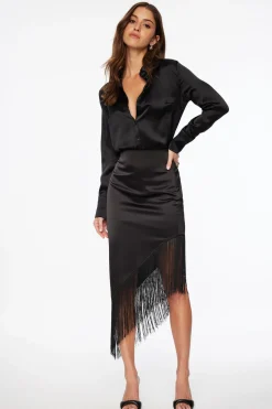 Skirts & Skorts | Skirts-Dynamite Asymmetric Fringe Satin Midi Skirt Black