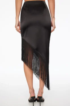 Skirts & Skorts | Skirts-Dynamite Asymmetric Fringe Satin Midi Skirt Black