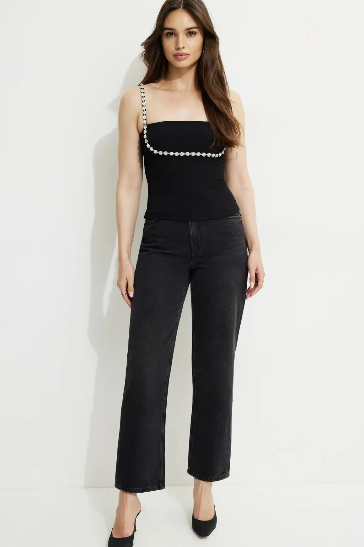 Tees & Tanks | Sleeveless Tops-Dynamite Aurora Embellished Tank Top Black