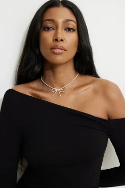 Necklaces-Dynamite Bow Pearl Bead Necklace Gray