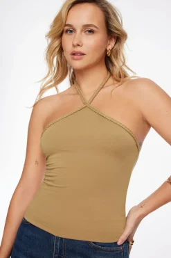 Tees & Tanks | Tees & Tanks-Dynamite Braided Halter Top Brown