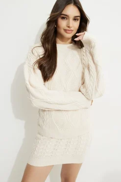 Online Exclusives-Dynamite Cable Knit Crewneck Sweater White