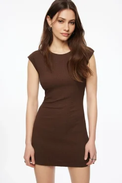 Dresses & Jumpsuits | Mini Dresses-Dynamite Crewneck Textured Mini Dress Brown