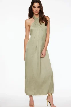 Dresses & Jumpsuits | Midi & Maxi Dresses-Dynamite Crinkled Halter Satin Maxi Dress Green
