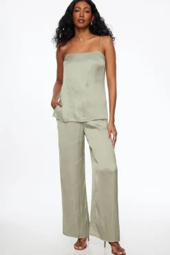 Pants | Wide Leg Pants-Dynamite Crinkled Wide Leg Satin Pants Green