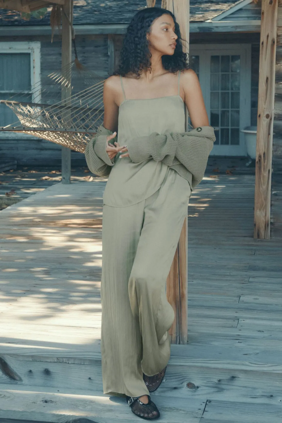 Pants | Wide Leg Pants-Dynamite Crinkled Wide Leg Satin Pants Green