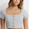 Blouses & Tops | Matching Sets-Dynamite Cropped Tweed Blouse Blue