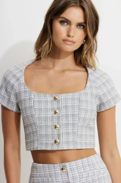 Blouses & Tops | Matching Sets-Dynamite Cropped Tweed Blouse Blue