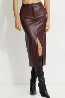 Online Exclusives-Dynamite Danbi Faux Leather Midi Skirt Burgundy