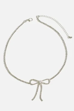 Necklaces-Dynamite Delicate Gem Bow Choker Necklace Gray