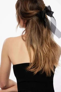 Hair Accessories-Dynamite Double Organza Bow Hair Clip Black