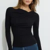 Tees & Tanks | Bestsellers-Dynamite Draped Long Sleeve T-Shirt Black
