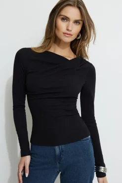 Tees & Tanks | Bestsellers-Dynamite Draped Long Sleeve T-Shirt Black