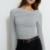 Tees & Tanks | Bestsellers-Dynamite Draped Long Sleeve T-Shirt Gray