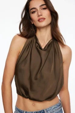 Blouses & Tops | Blouses & Tops-Dynamite Draped Open Back Satin Top Brown