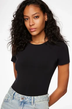 Tees & Tanks | Tees & Tanks-Dynamite Drea Sculpt Short Sleeve Crew Neck Bodysuit Black