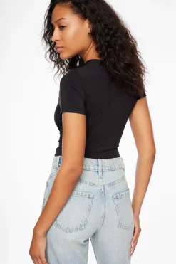 Tees & Tanks | Tees & Tanks-Dynamite Drea Sculpt Short Sleeve Crew Neck Bodysuit Black