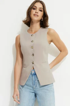 Blazers & Vests | Vests-Dynamite Emery Round Neck Flyaway Vest Brown