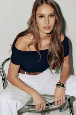 Sweaters & Cardigans | Sweaters-Dynamite Fold Over Off Shoulder Top Blue