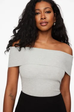 Sweaters & Cardigans | Sweaters-Dynamite Fold Over Off Shoulder Top Gray