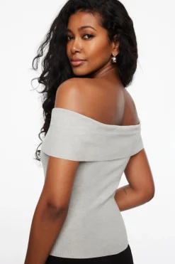 Sweaters & Cardigans | Sweaters-Dynamite Fold Over Off Shoulder Top Gray
