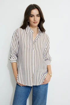 Blouses & Tops | Blouses & Tops-Dynamite Frida Airflow Stripe Shirt Brown
