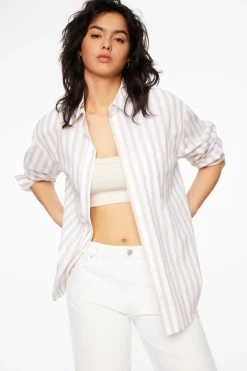 Long Sleeve Tops-Dynamite Frida Striped Oversized  Button Up Shirt Brown