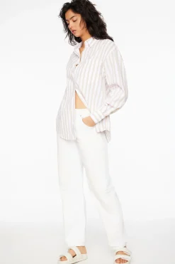 Long Sleeve Tops-Dynamite Frida Striped Oversized  Button Up Shirt Brown