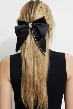 Hair Accessories-Dynamite Gem Bow Satin Hair Clip Black