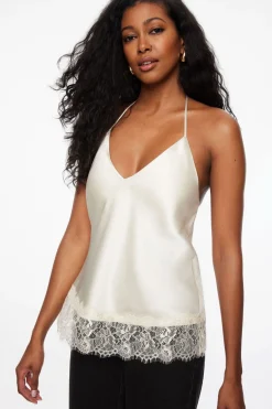 Blouses & Tops | Blouses & Tops-Dynamite Halter Lace Satin Top Brown