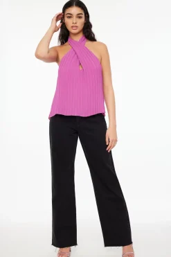 Sleeveless Tops-Dynamite Halter Pleated Top Purple