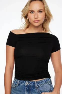 Tees & Tanks | Tees & Tanks-Dynamite Hana Off Shoulder Shirred T Shirt Black