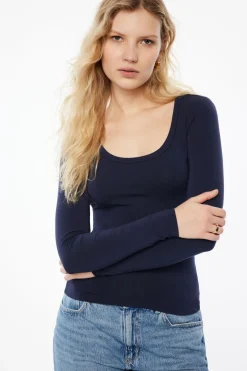 Tees & Tanks | Tees & Tanks-Dynamite Harlynn Long Sleeve Jersey Scoop Neck Top Blue