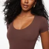 Tees & Tanks | Tees & Tanks-Dynamite Hayden Scoop Neck Bodysuit Brown