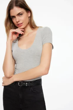Tees & Tanks | Tees & Tanks-Dynamite Hayden Scoop Neck Bodysuit Grey