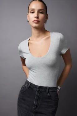 Tees & Tanks | Tees & Tanks-Dynamite Hayden Scoop Neck Bodysuit Gray
