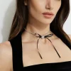 Necklaces-Dynamite Heart & Ribbon Bow Choker Necklace Black