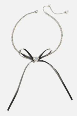 Necklaces-Dynamite Heart & Ribbon Bow Choker Necklace Black