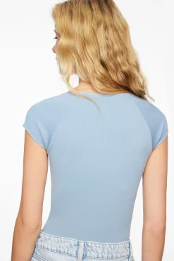 Tees & Tanks | Tees & Tanks-Dynamite Heather Short Sleeve Seamless Bodysuit Blue