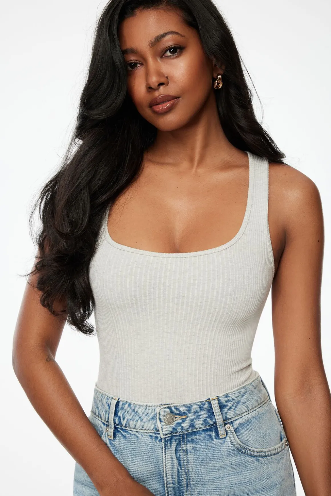Tees & Tanks | Tees & Tanks-Dynamite Irene Seamless Square Neck Bodysuit Gray