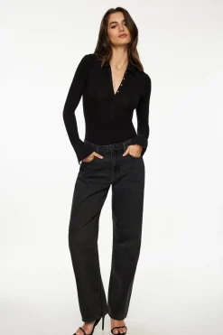 Tees & Tanks | Tees & Tanks-Dynamite Jersey Long Sleeve Polo Bodysuit Black